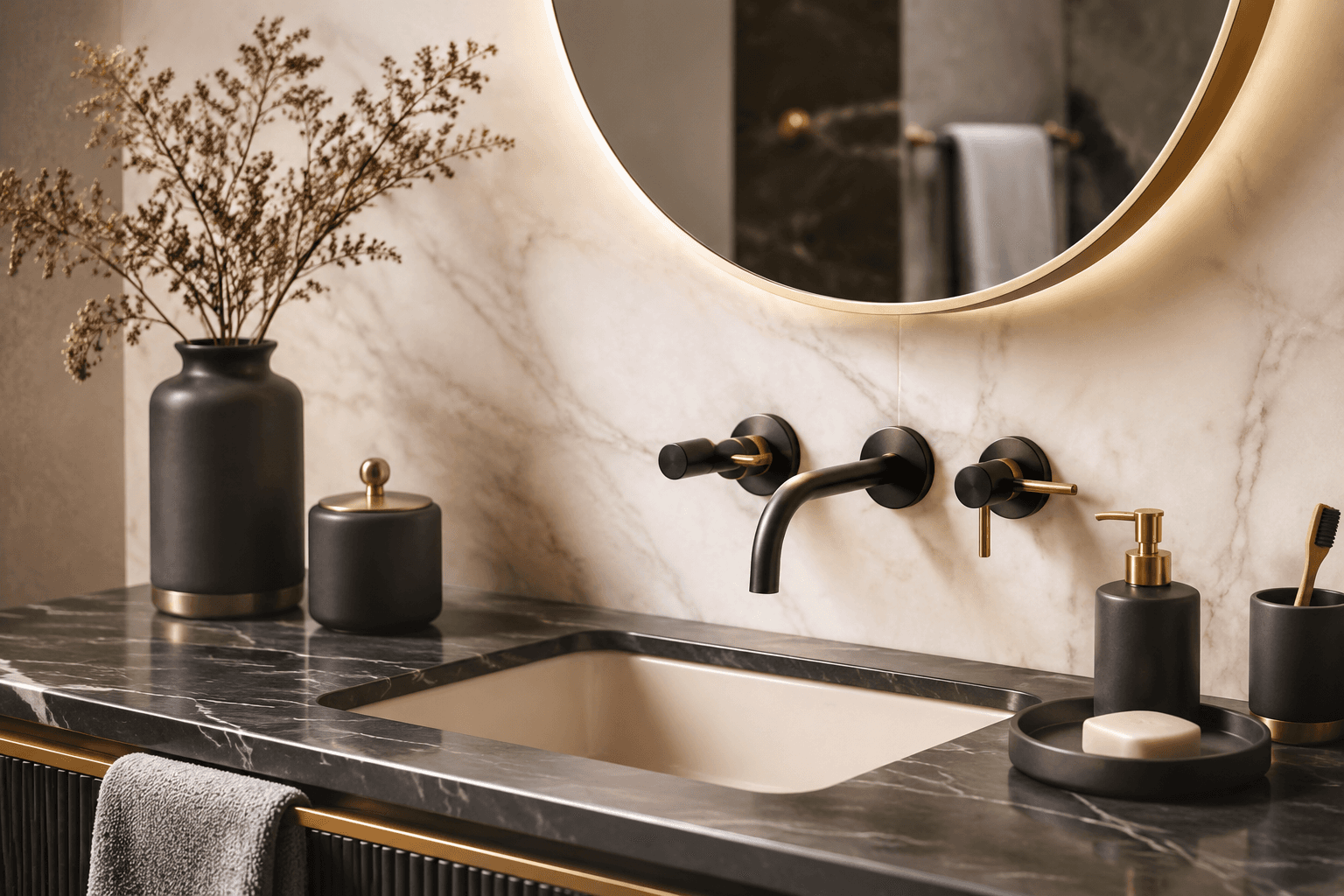 Matte black faucet with brushed gold accents over a marble basin