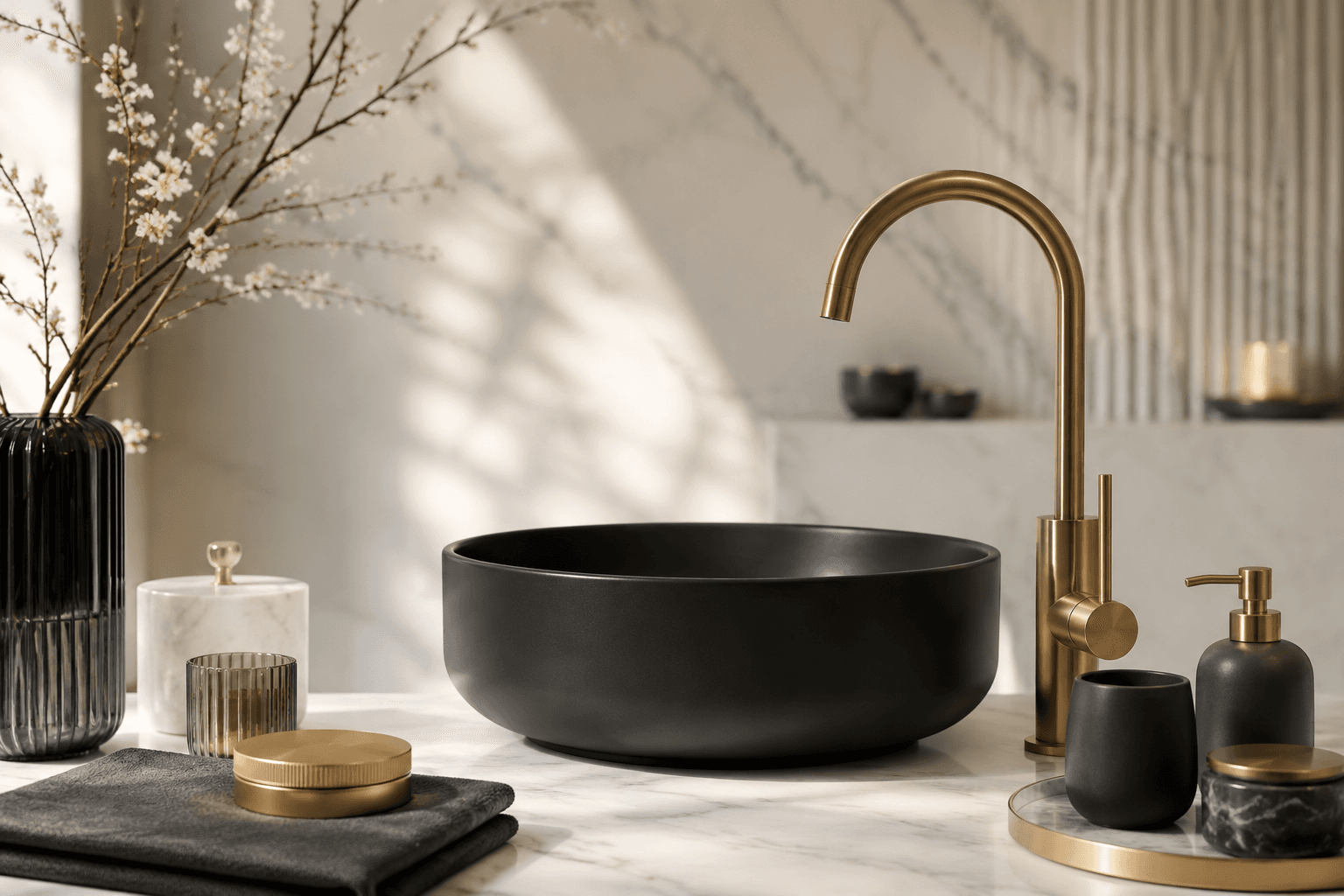 Designer bathroom vanity with matte finishes