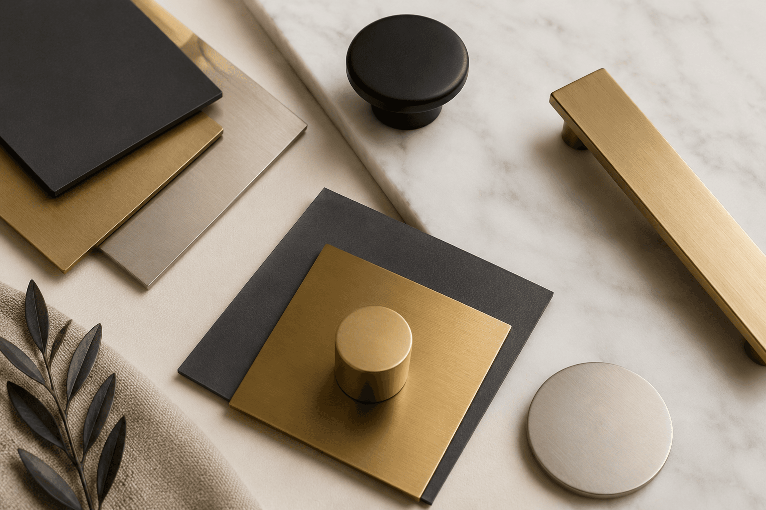 Finish swatches in matte black, brushed gold and brushed nickel